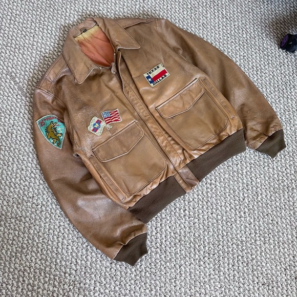 Vintage Leather Flight Bomber Jacket Texas Dallas Patches Brown Men’s XL